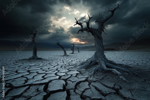 A dramatic scene featuring a barren, cracked earth landscape with eerie, leafless trees under a stormy sky, evoking themes of desolation and environmental apocalypse. photo