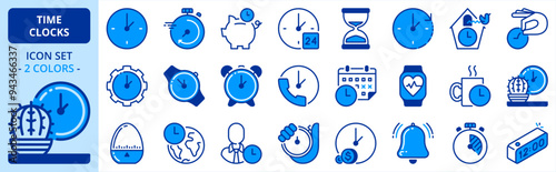 Icons in two colors about time and clocks