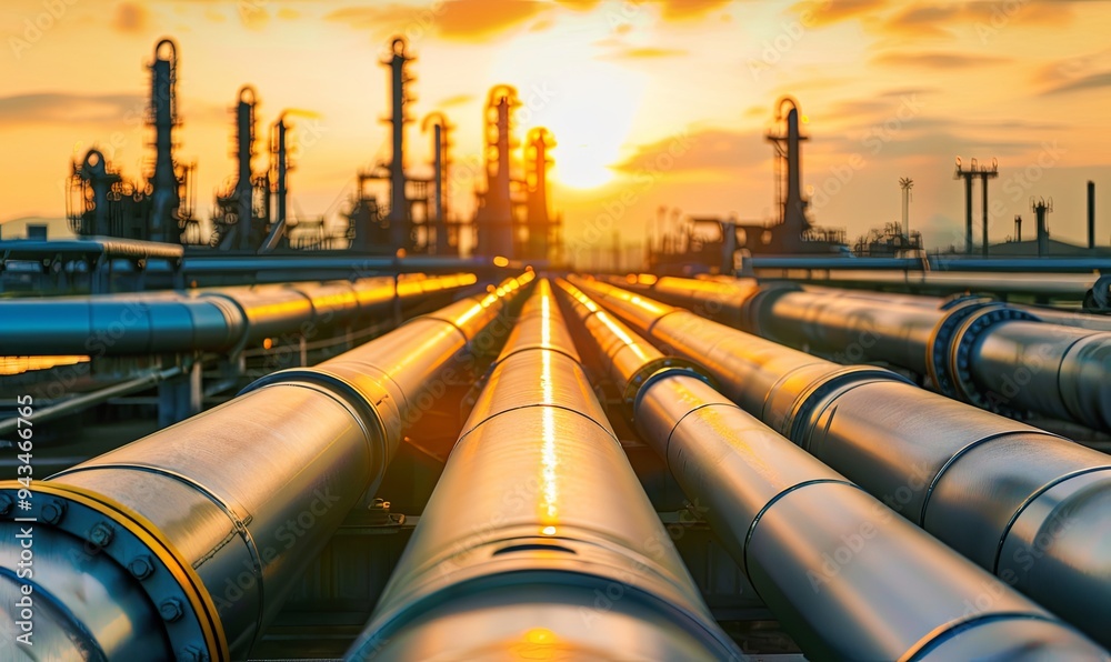 Rows of large industrial pipes with an oil refinery in the background and a warm sunset. Rows of large industrial pipes with an oil refinery in the background and a warm sunset.