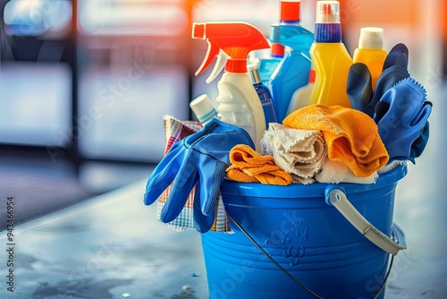 Cleaning supplies in a blue bucket, with cleaning cloths, gloves, and spray bottles. photo