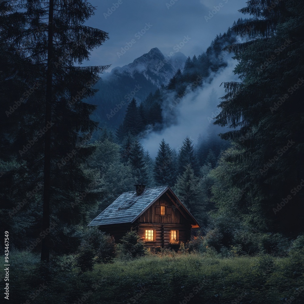 Illuminated Wooden House in the Forest with the Foggy Mountains in the Background Illuminated Wooden House in the Forest with the Foggy Mountains in the Background