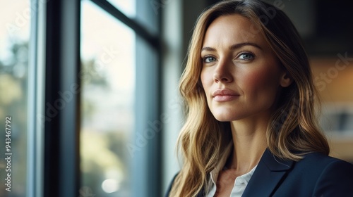 Intense gaze of a businesswoman in a modern studio, with natural light streaming through large windows. Free Download Intense gaze of a businesswoman in a modern studio, with natural light streaming through large windows. - GFXLoad