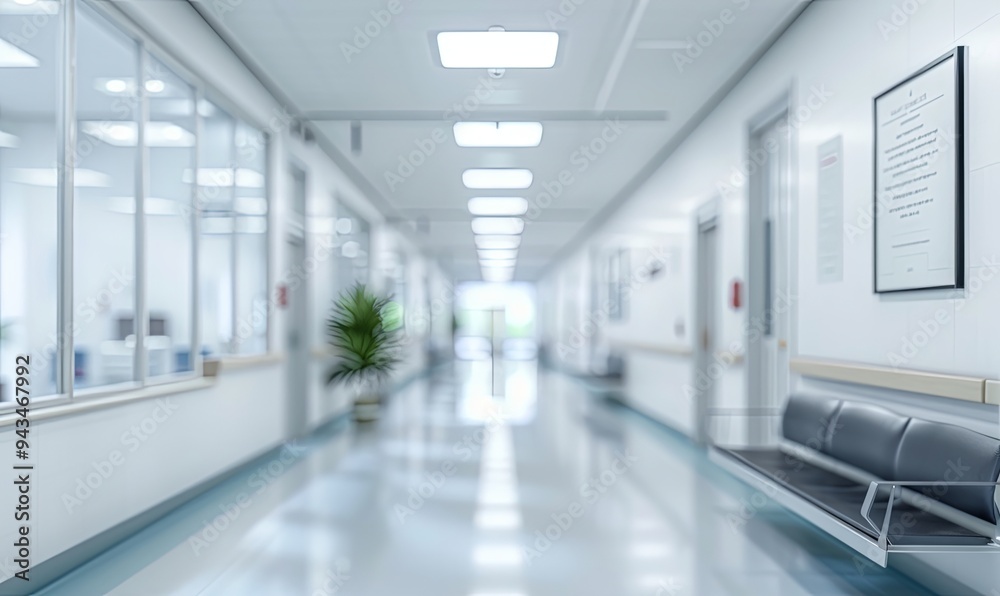 Empty hallway with bright lights and a single plant in a modern building.