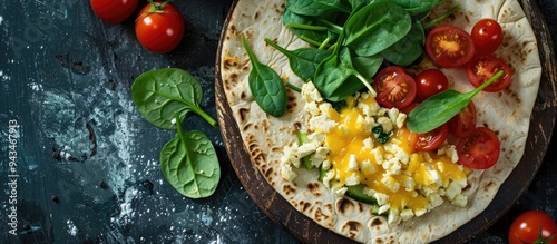 Top view of a delicious Mexican inspired breakfast featuring pita bread cheese tomatoes and spinach on a lavash with copy space image photo