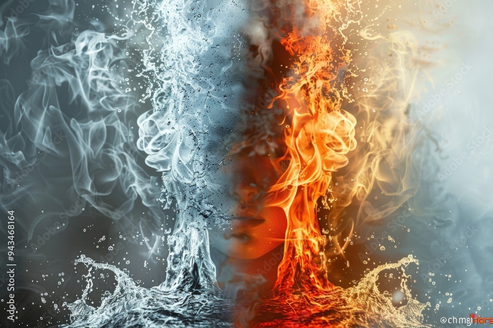 A powerful image depicting the clash of fire and water, symbolizing the balance of opposing forces. A powerful image depicting the clash of fire and water, symbolizing the balance of opposing forces.