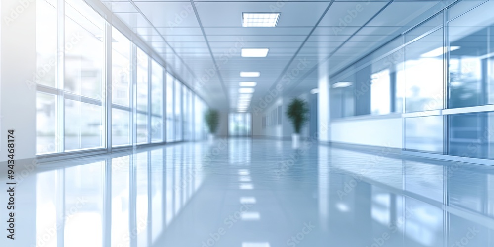 Bright, airy corridor with glass windows and tiled ceiling, reflecting light on the shiny floor.