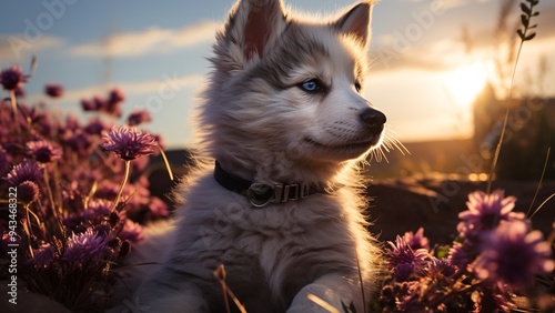 Husky Puppy in Flower Field Sunset