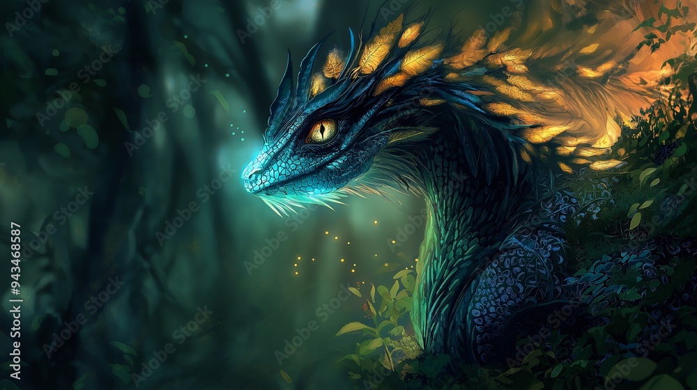 Blue Dragon in Forest with Golden Feathers Blue Dragon in Forest with Golden Feathers