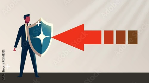 Animations of a Businessman standing on a data graphic while holding a shield, as a symbol of company data security