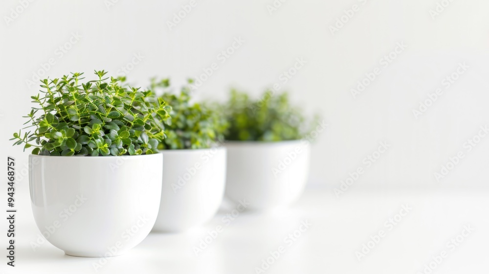 Delicate green plants thrive in three elegant white ceramic pots, beautifully contrasted against a soft, blurred background ambiance Delicate green plants thrive in three elegant white ceramic pots, beautifully contrasted against a soft, blurred background ambiance