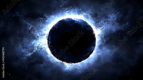 A black hole in space with blue and orange glowing light around it.