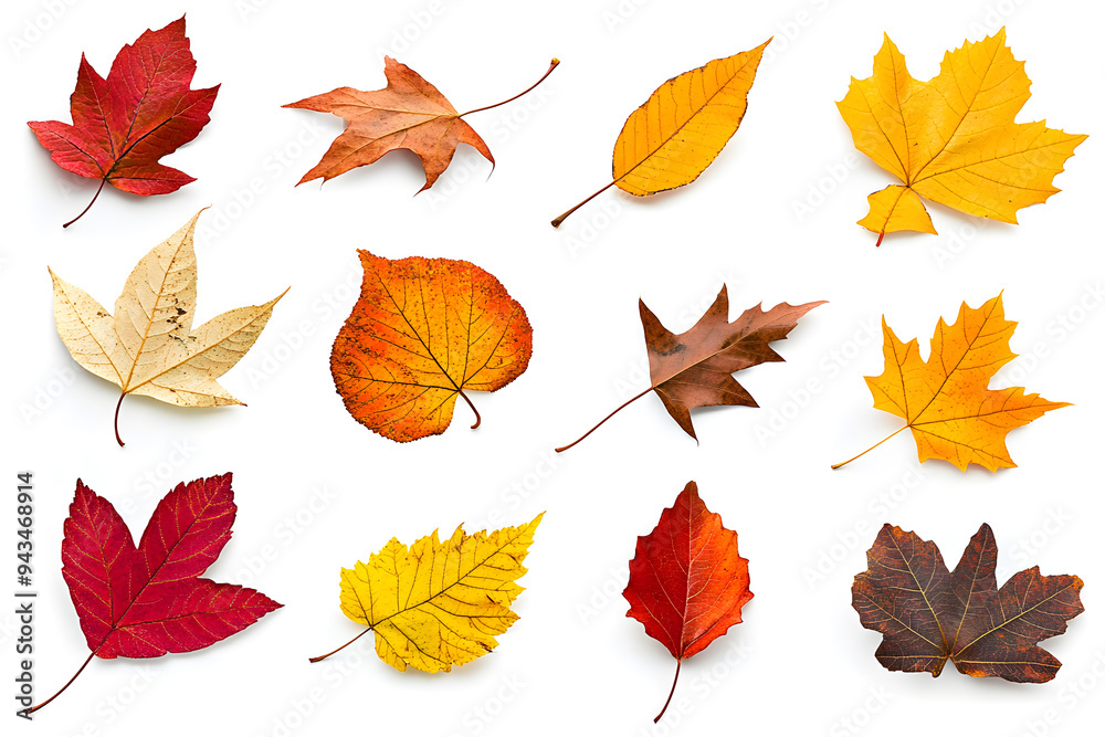 Fototapeta premium Collection of multicolored fallen autumn leaves isolated on white background