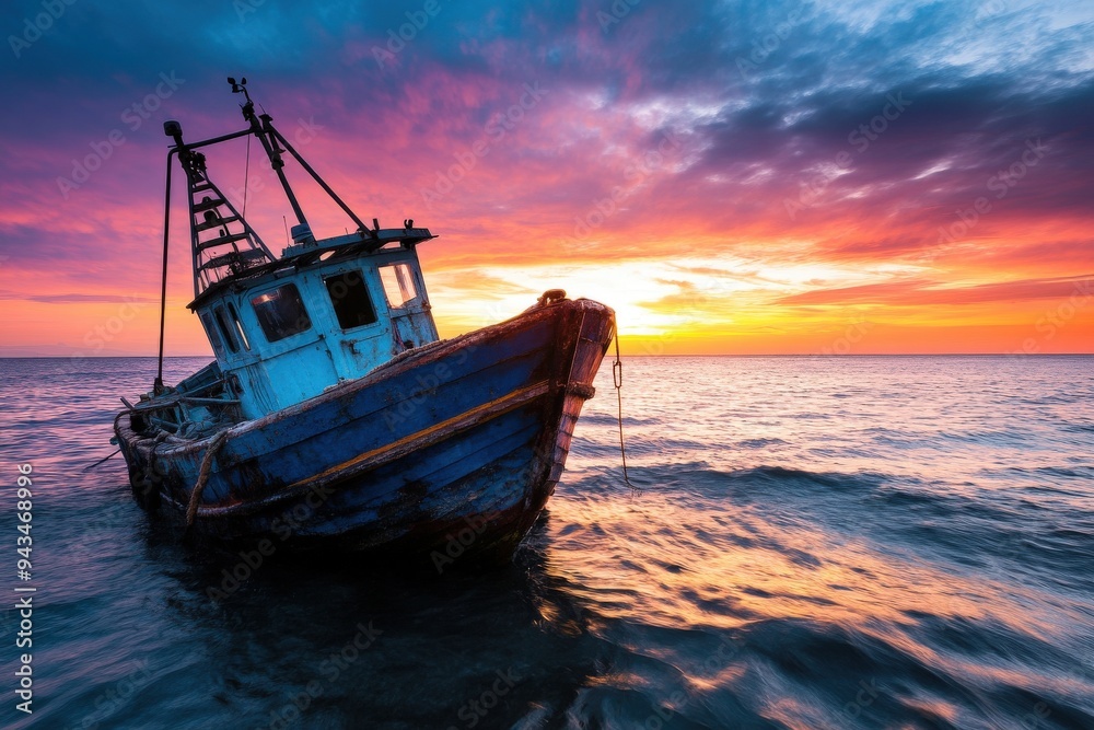 Fototapeta premium An abandoned boat floating serenely on a calm sea as the sky glows in vibrant hues of orange and pink at sunset, evoking tranquility, nostalgia, and peaceful solitude.