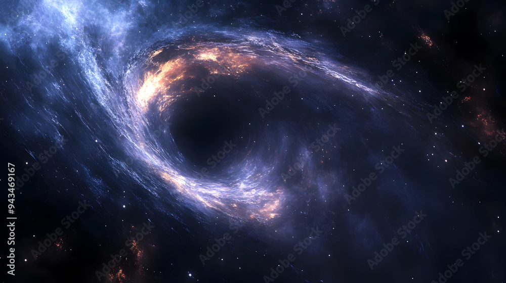 A black hole in space, surrounded by a swirling galaxy of stars and gas. A black hole in space, surrounded by a swirling galaxy of stars and gas.