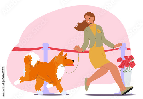 Joyful Woman Walks Her Fluffy Dog At A Dog Show Event. Cartoon Vector Scene With Red Ribbons And Flowers
