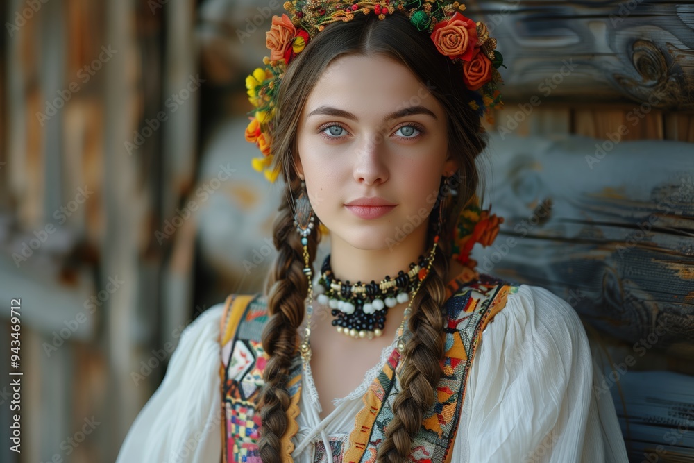 A portrait of a young woman with a traditional headscarf and intricate embroidery, capturing her natural beauty in a rural setting.