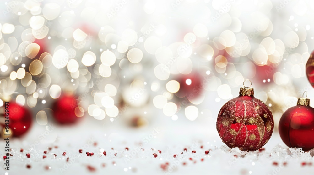 Fototapeta premium Delicate holiday wall decals create a warm ambiance with bokeh lights and festive ornaments, evoking a cheerful winter spirit