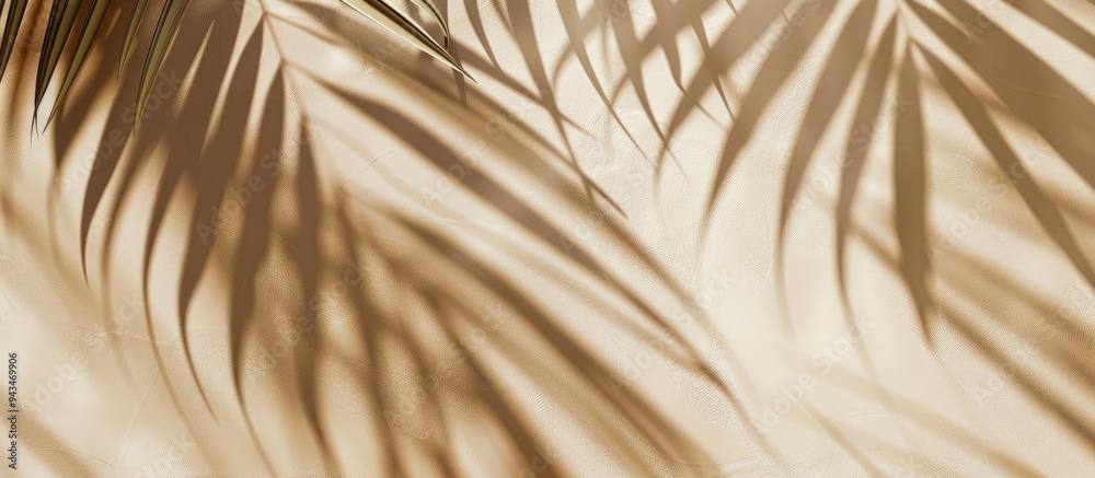 Obraz premium Lush palm leaves create shadow patterns on a beige background forming a textured silhouette ideal for product placement in abstract defocused copy space image