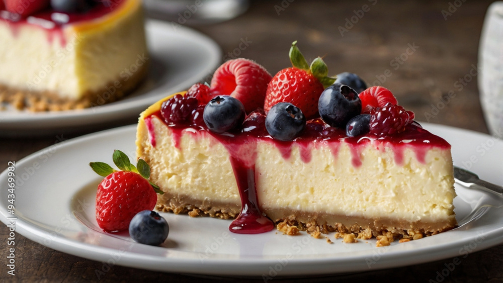 A slice of cheesecake with raspberries and blueberries on top A slice of cheesecake with raspberries and blueberries on top