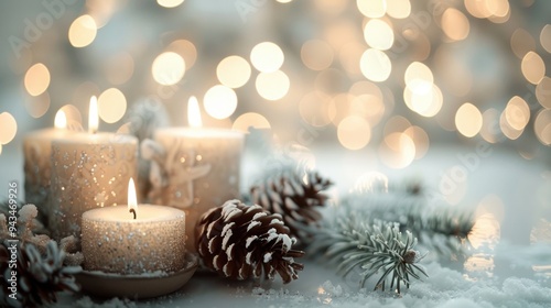 A beautifully arranged holiday centerpiece with glowing candles and pinecones, set against a softly blurred background of warm lights