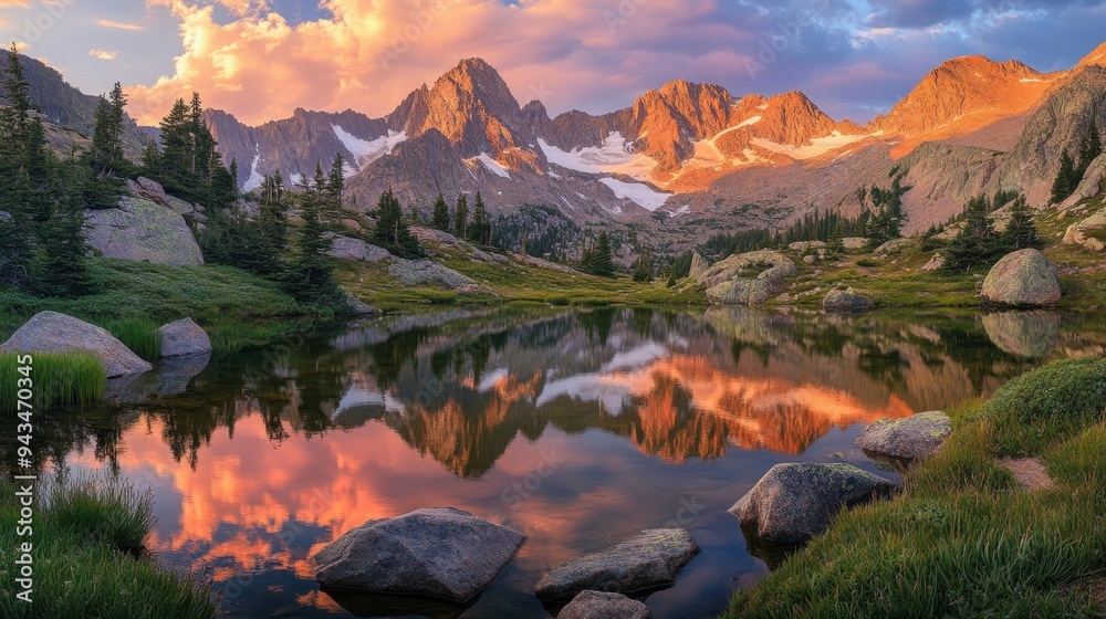 Peaceful mountain lake reflecting the vivid colors of sunset, with the peaks glowing softly in the fading light. Peaceful mountain lake reflecting the vivid colors of sunset, with the peaks glowing softly in the fading light.