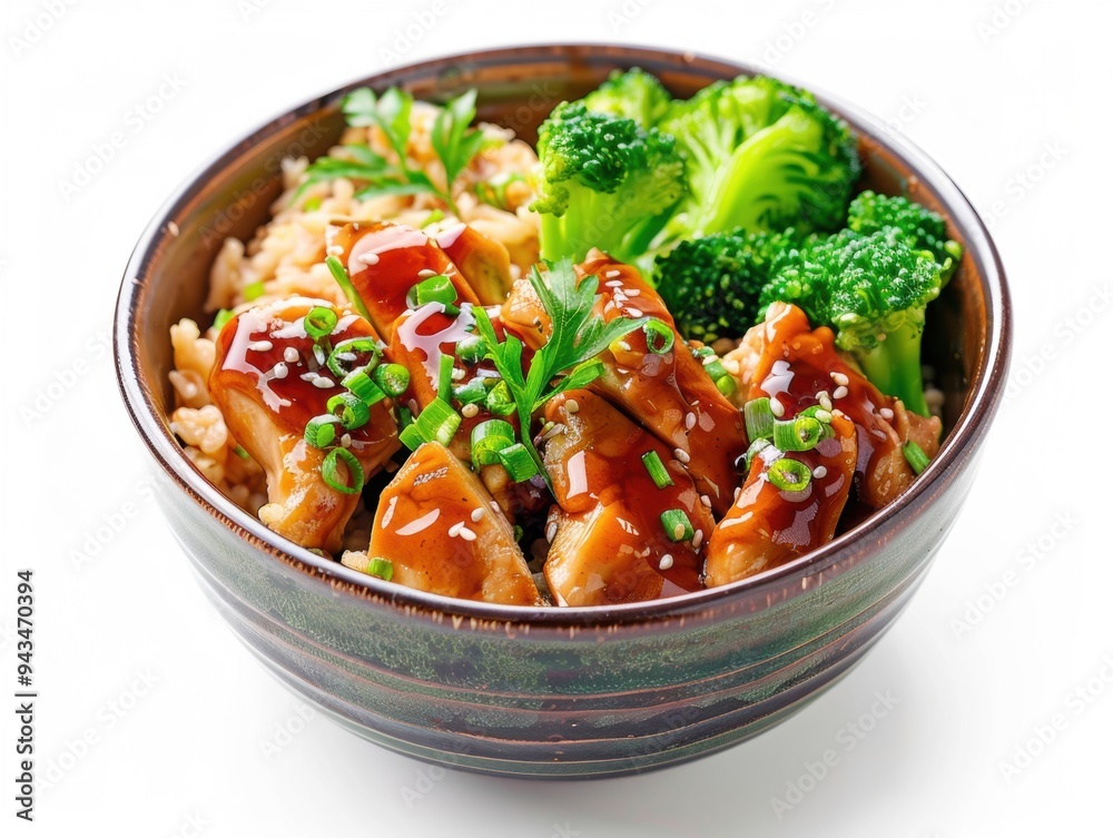 A nourishing bowl features teriyaki chicken, steamed broccoli, and a refreshing glass of green tea, perfect for a wholesome meal A nourishing bowl features teriyaki chicken, steamed broccoli, and a refreshing glass of green tea, perfect for a wholesome meal