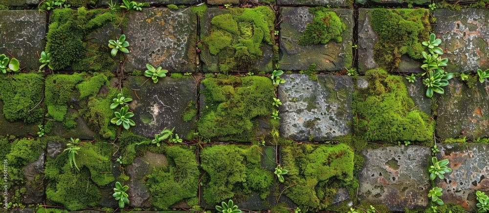 Paving block covered in vibrant green moss with copy space image Paving block covered in vibrant green moss with copy space image