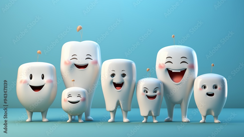 bright picture of white cute funny smiling tooth characters with faces isolated on blue background. bright picture of white cute funny smiling tooth characters with faces isolated on blue background.