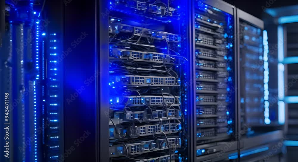 A dark video of a server rack with multiple blue ethernet cables plugged into the front 4k animation A dark video of a server rack with multiple blue ethernet cables plugged into the front 4k animation
