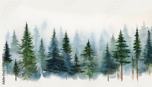 foggy pine forest watercolor painting vertical nature background printable artwork generative ai