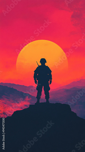 Sentinel of Valor - Illustration of Determined Soldier Guarding at Sunset with Symbolic Courage and Loyalty