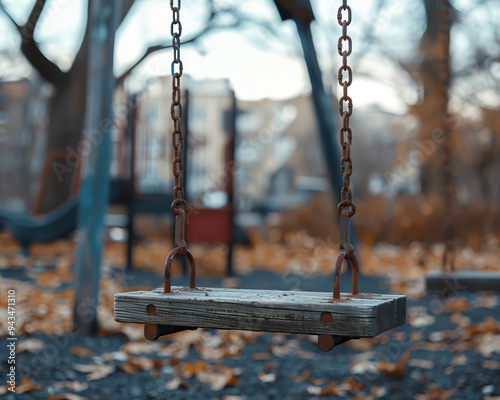 Empty swing set in a park covered with autumn leaves. The chains hang still, evoking a sense of quiet nostalgia.