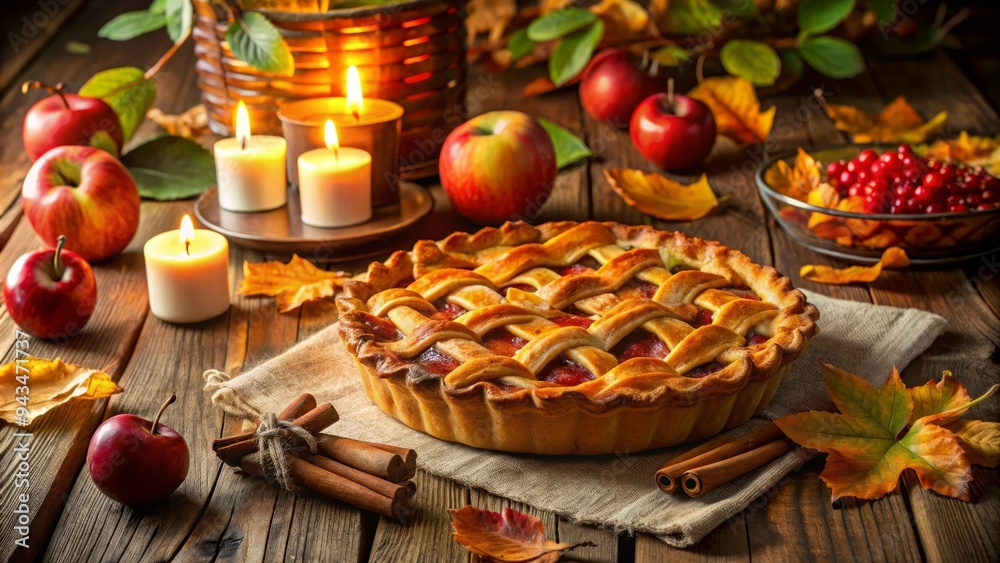 golden afternoon light falls softly on rustic wooden table overflowing with juicy apple pie surrounded by crunchy autumn leaves and warm candlelight whispers cozy nostalgia golden afternoon light falls softly on rustic wooden table overflowing with juicy apple pie surrounded by crunchy autumn leaves and warm candlelight whispers cozy nostalgia
