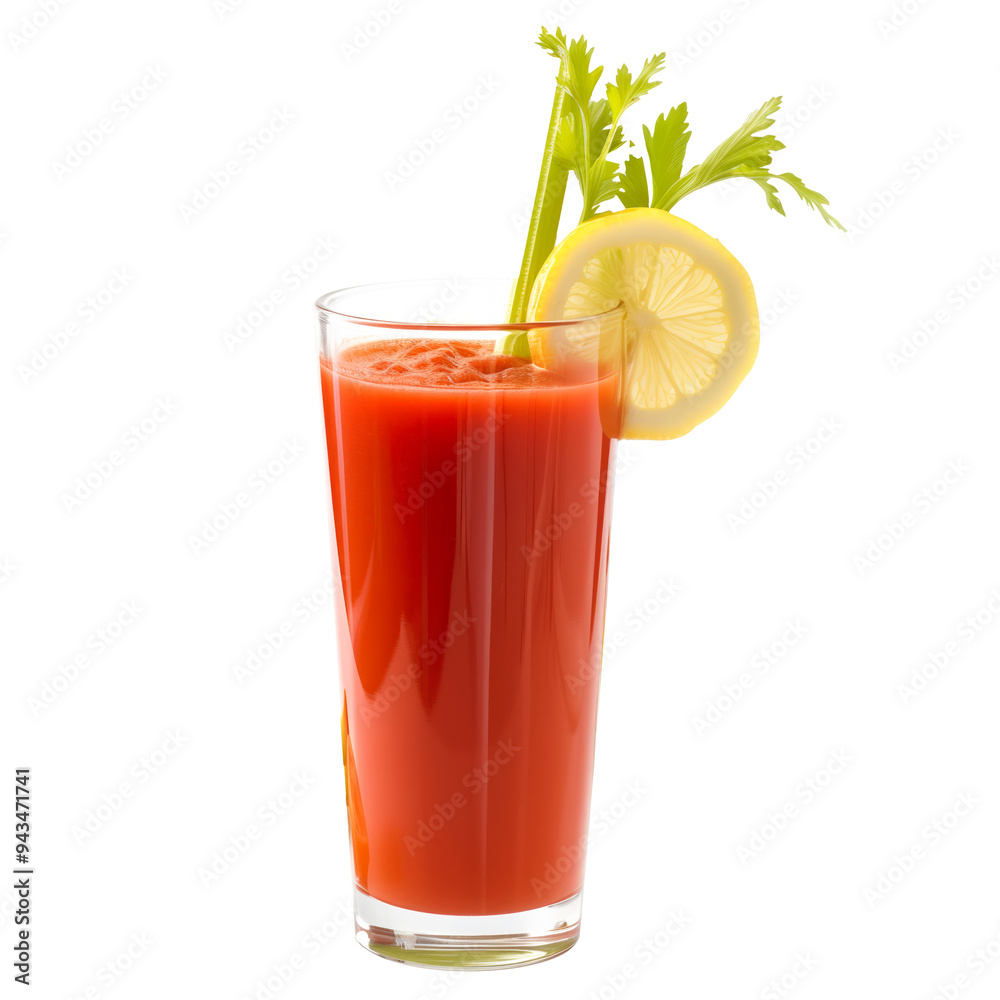 A tall glass of tomato juice beautifully garnished with fresh herbs, ideal for healthy drinks A tall glass of tomato juice beautifully garnished with fresh herbs, ideal for healthy drinks
