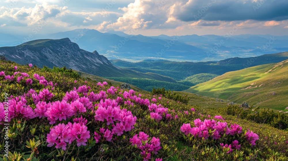Picturesque nature backdrop with vibrant pink rhododendron blooms in the Carpathian mountains, Ukraine. Picturesque nature backdrop with vibrant pink rhododendron blooms in the Carpathian mountains, Ukraine.