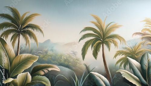 tropical landscape wallpaper design in pastel tones soft color oil painting background palm and banana trees mural art