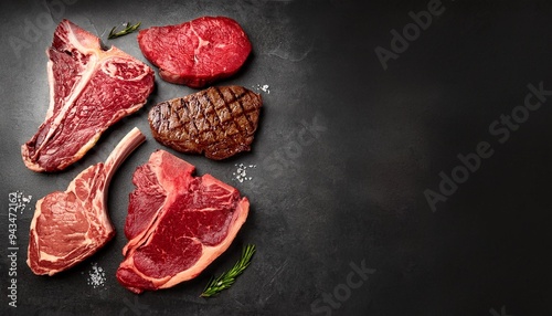 different types of beef steaks like ribeye tomahawk and t bone displayed on a stone background with copy space image photo