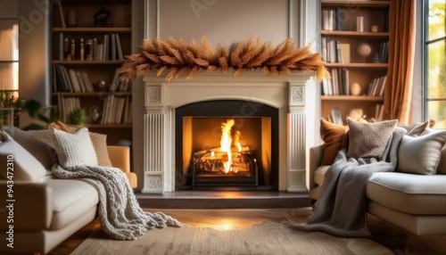 Experience Ultimate Comfort: A Cozy Living Room with Crackling Fireplace, Warm Blankets, and Autumn Decor. Generative AI
