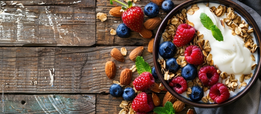 Top view of a delicious bowl with granola berries almonds and yogurt on a wooden table leaving room for a text overlay on the copy space image Top view of a delicious bowl with granola berries almonds and yogurt on a wooden table leaving room for a text overlay on the copy space image