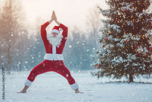 Santa claus practicing yoga in front of christmas tree