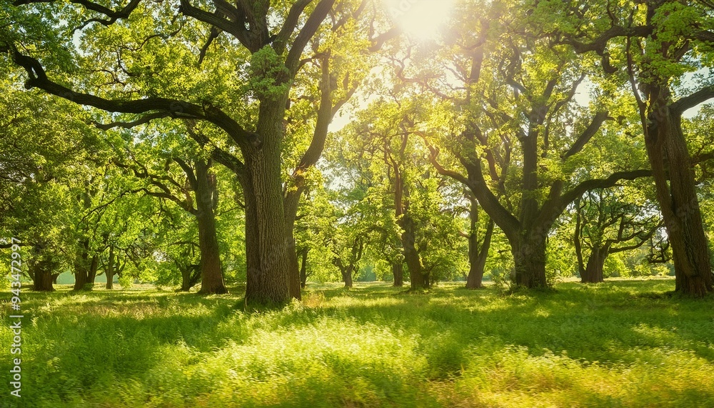 Naklejka premium sunny natural forest of oak trees