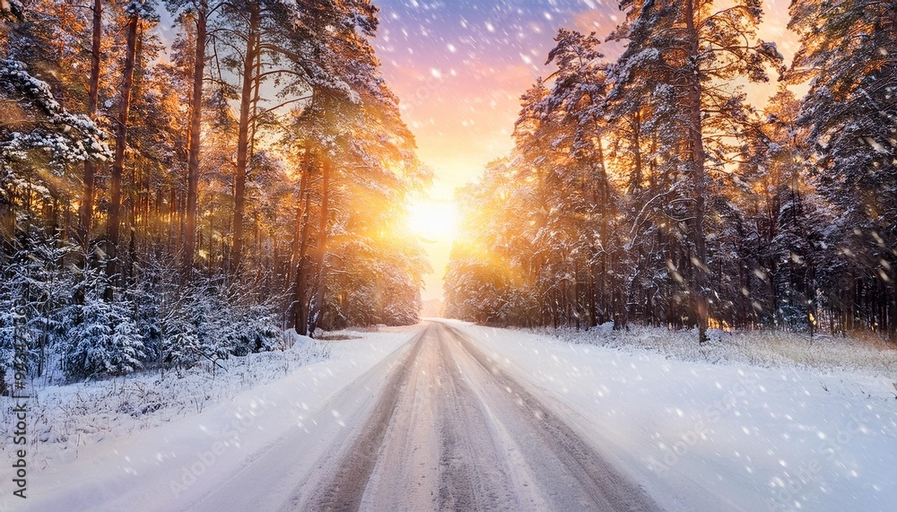 winter road in the forest at sunset with snow fall new year background winter road in the forest at sunset with snow fall new year background