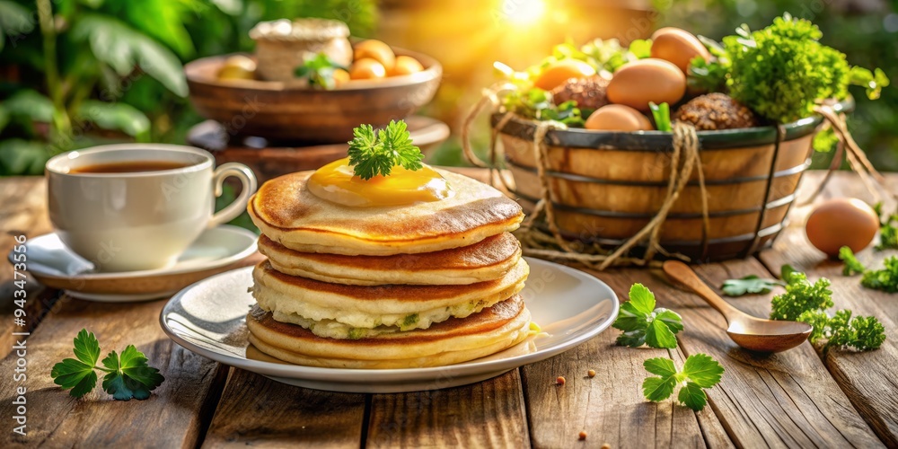 Golden morning sunlight casts a warm glow on a fluffy stack of buttermilk pancakes, crispy sausage, and sunny-side-up eggs, surrounded by lush greenery, rustic wooden table, and vintage china. Golden morning sunlight casts a warm glow on a fluffy stack of buttermilk pancakes, crispy sausage, and sunny-side-up eggs, surrounded by lush greenery, rustic wooden table, and vintage china.