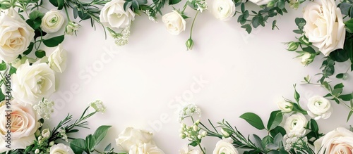 Fototapeta Naklejka Na Ścianę i Meble -  White roses greenery and blossoms form an elegant floral border frame on a white background in this nature themed design perfect for event mockups with copy space image