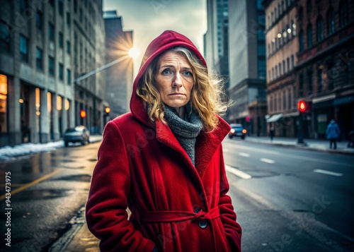 gritty cinematic depiction of a homeless woman standing defiantly on a city street corner, stark shadows, high contrast, bold crimson coat, conveying resilience and hope