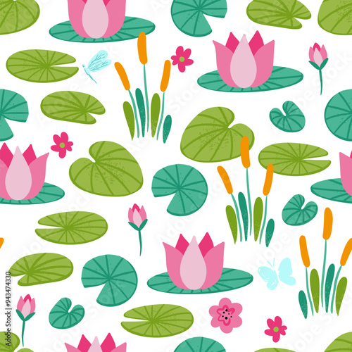 Waterlilies and LilyPads Vector Seamless Pattern