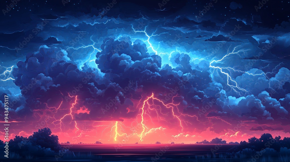 Thunderstorm with Lightning Strikes and Dark Clouds in Flat Design Illustration Thunderstorm with Lightning Strikes and Dark Clouds in Flat Design Illustration
