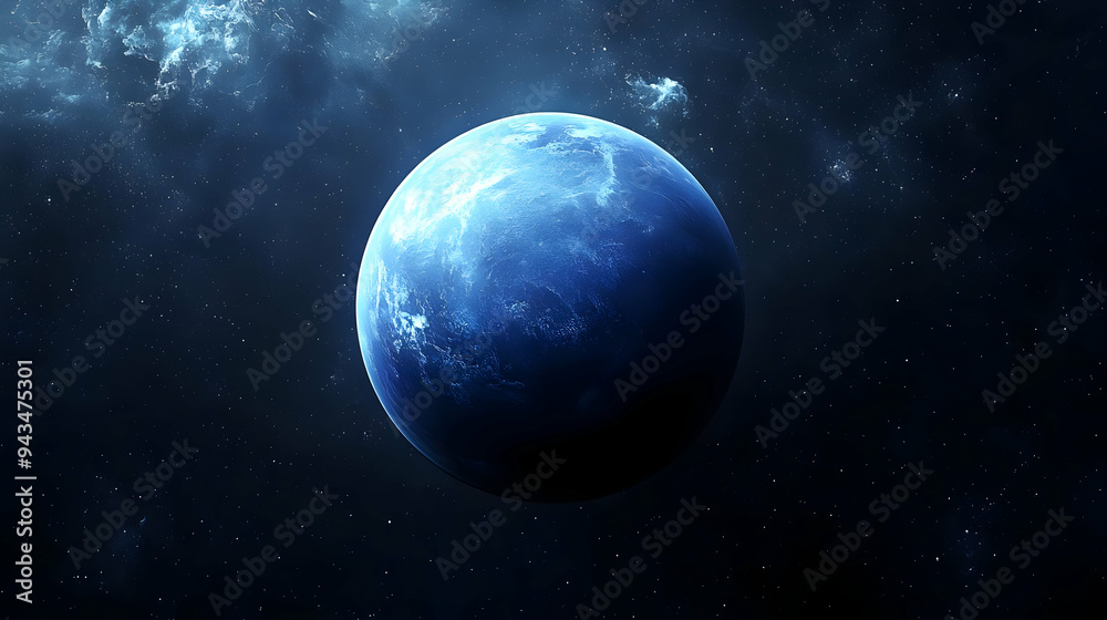 Naklejka premium A blue planet in a dark space with stars.