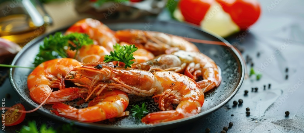 Shrimp and vegetables on a plate in a restaurant setting with copy space image Shrimp and vegetables on a plate in a restaurant setting with copy space image