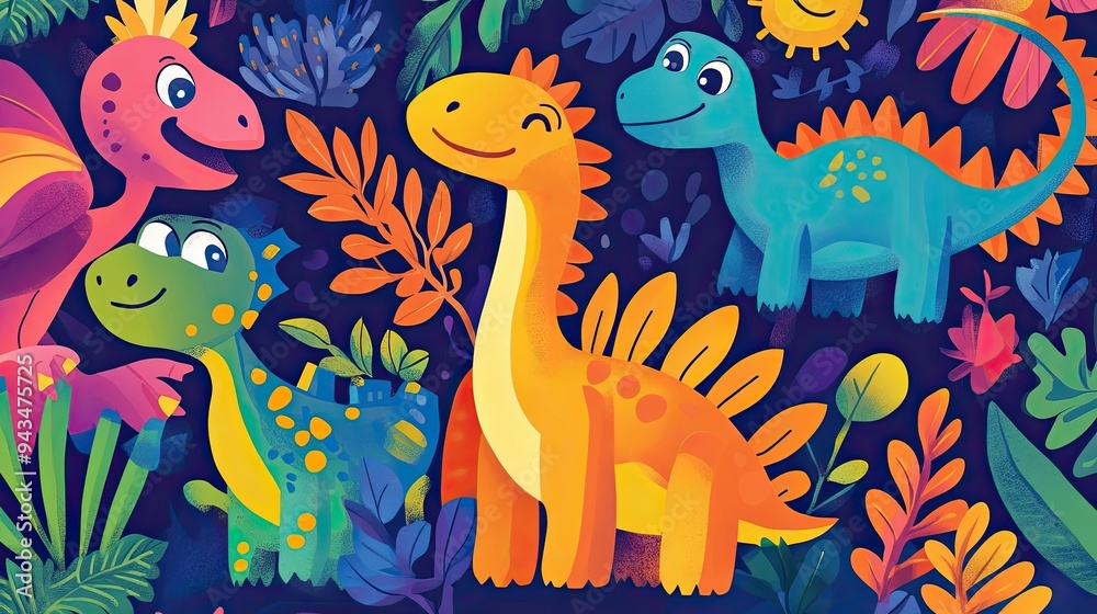 Fototapeta premium Cartoon dinosaurs wallpaper in bright, vibrant colors, creating an exciting and playful environment for children.